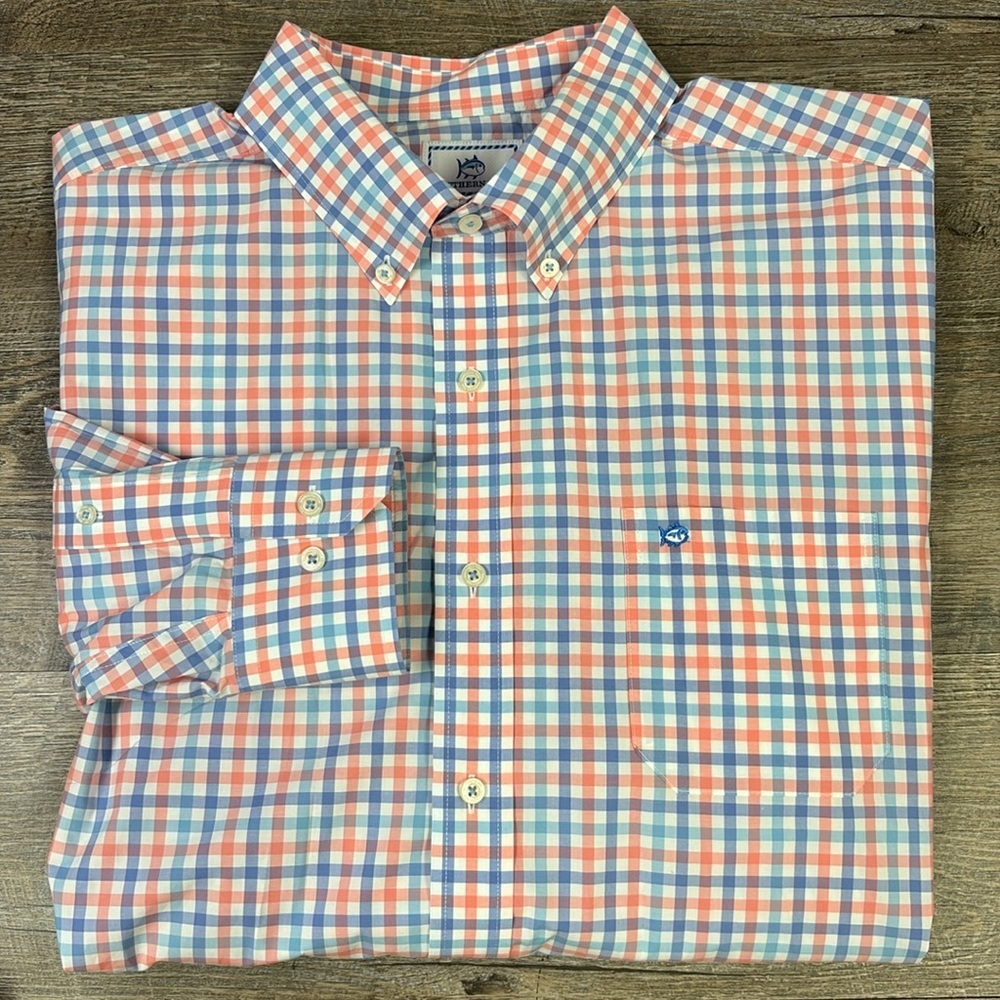 Southern Tide Market Square Gingham Intercoastal Performance Shirt -Nectar CoraL